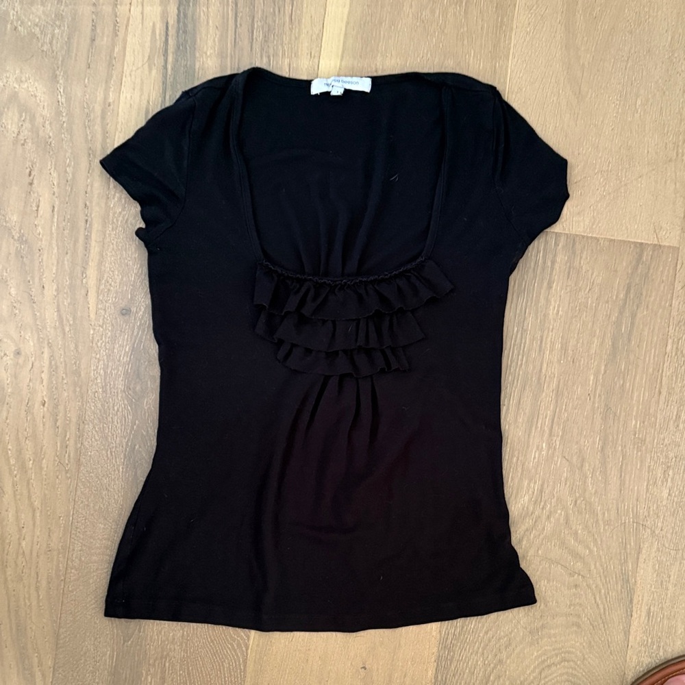 Rebecca Beeson Black Short Sleeve Scoop Neck Ruffle Top